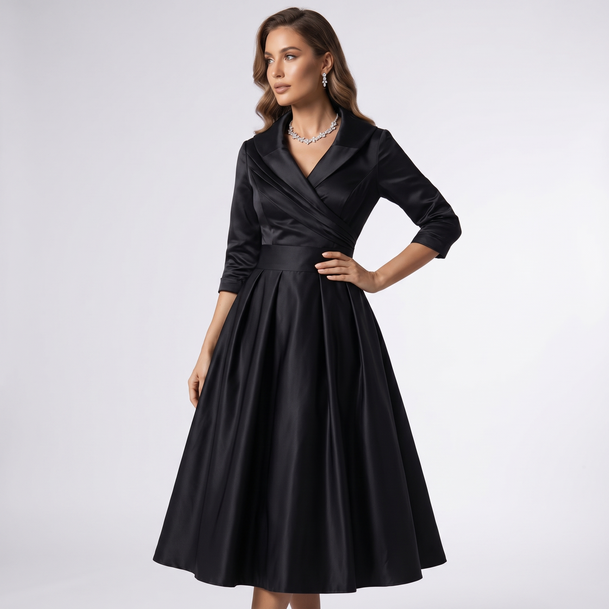 vintage inspired satin midi dress with draped collar Nova pleat drape Shawl collar Retro Stage Solid Deep V-Neck