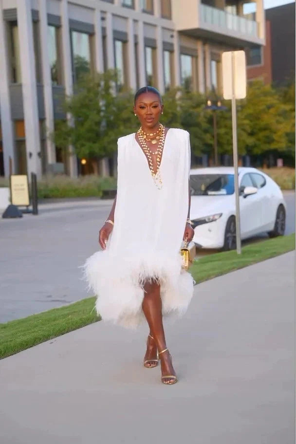Deep V-Neck Feather-Trimmed Midi Dress