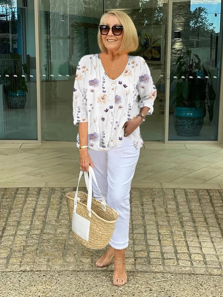 Floral V-Neck Button-Front Blouse