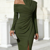 One Shoulder Draped Midi Dress
