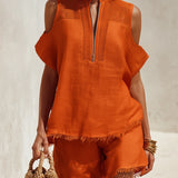 Orange Cutout Top And Shorts Set