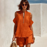Orange Cutout Top And Shorts Set