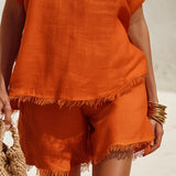 Orange Cutout Top And Shorts Set