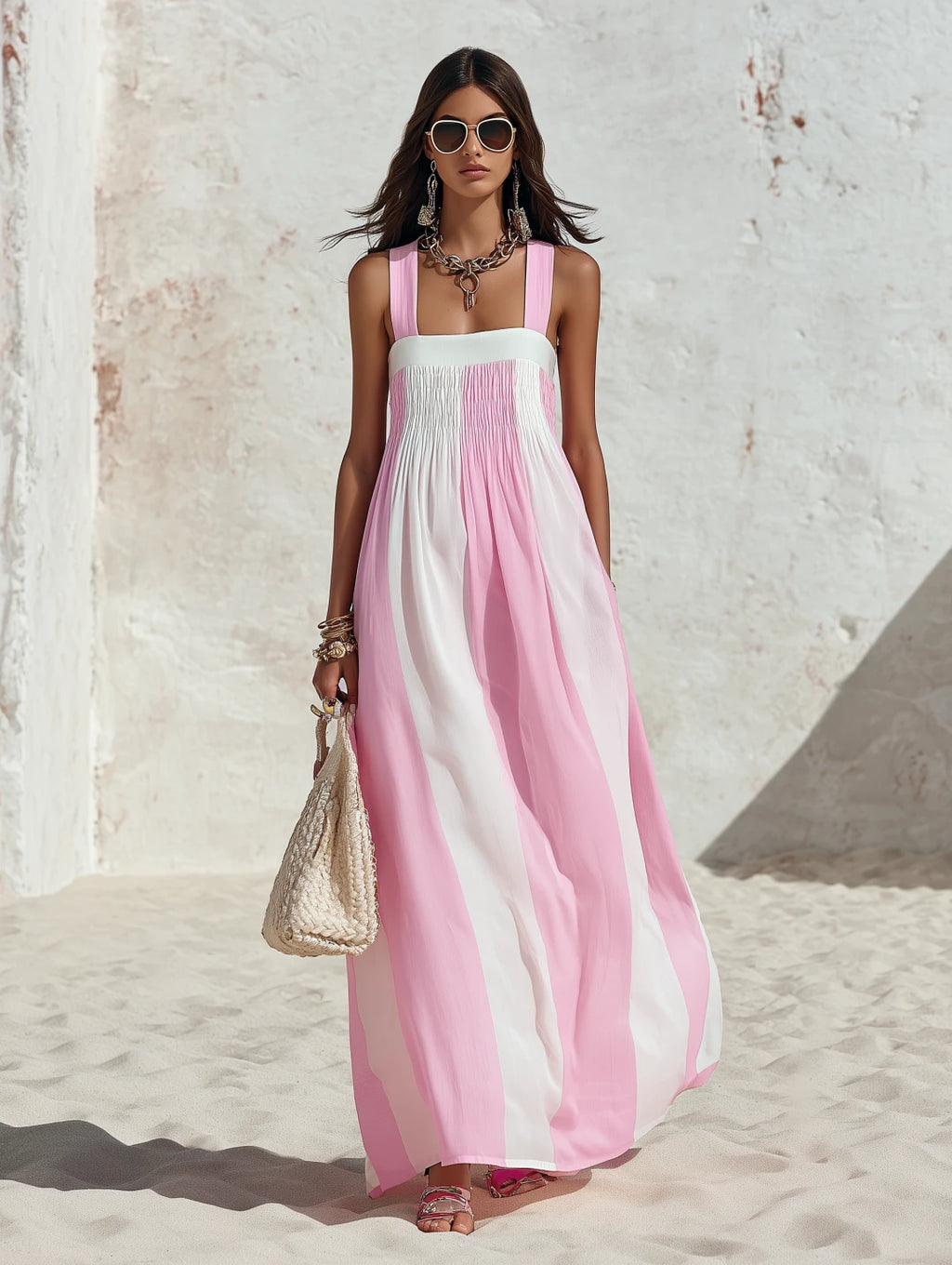 Square Neck Striped Chiffon Maxi