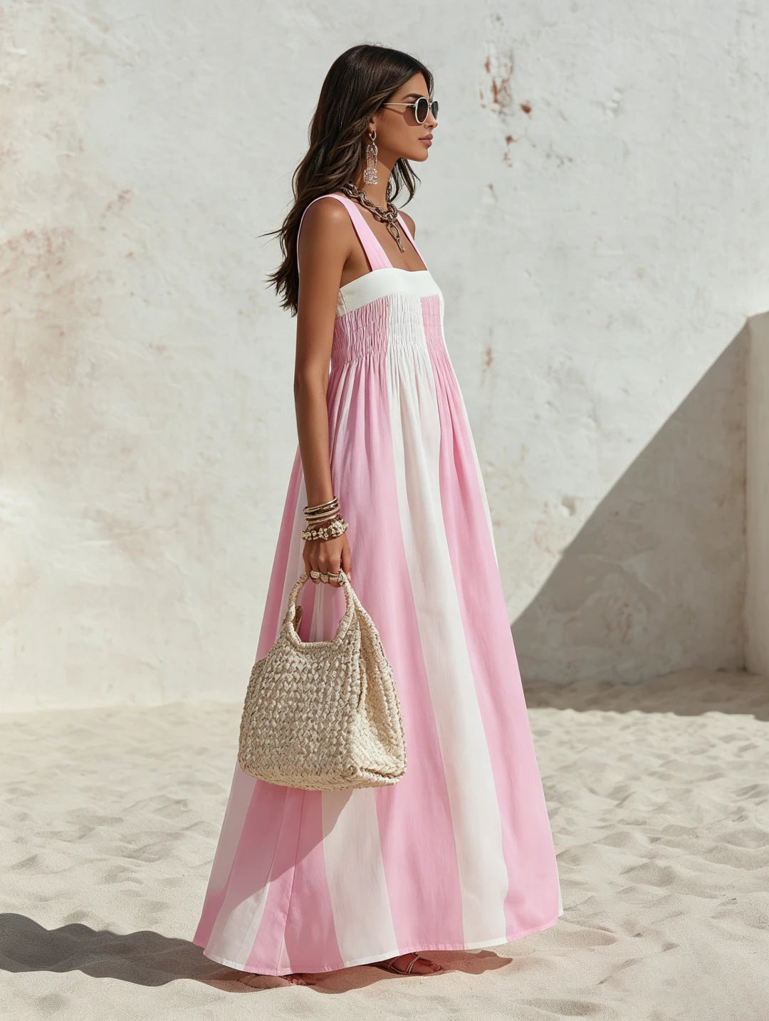 Square Neck Striped Chiffon Maxi