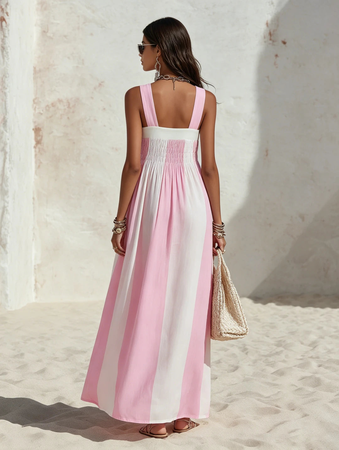 Square Neck Striped Chiffon Maxi