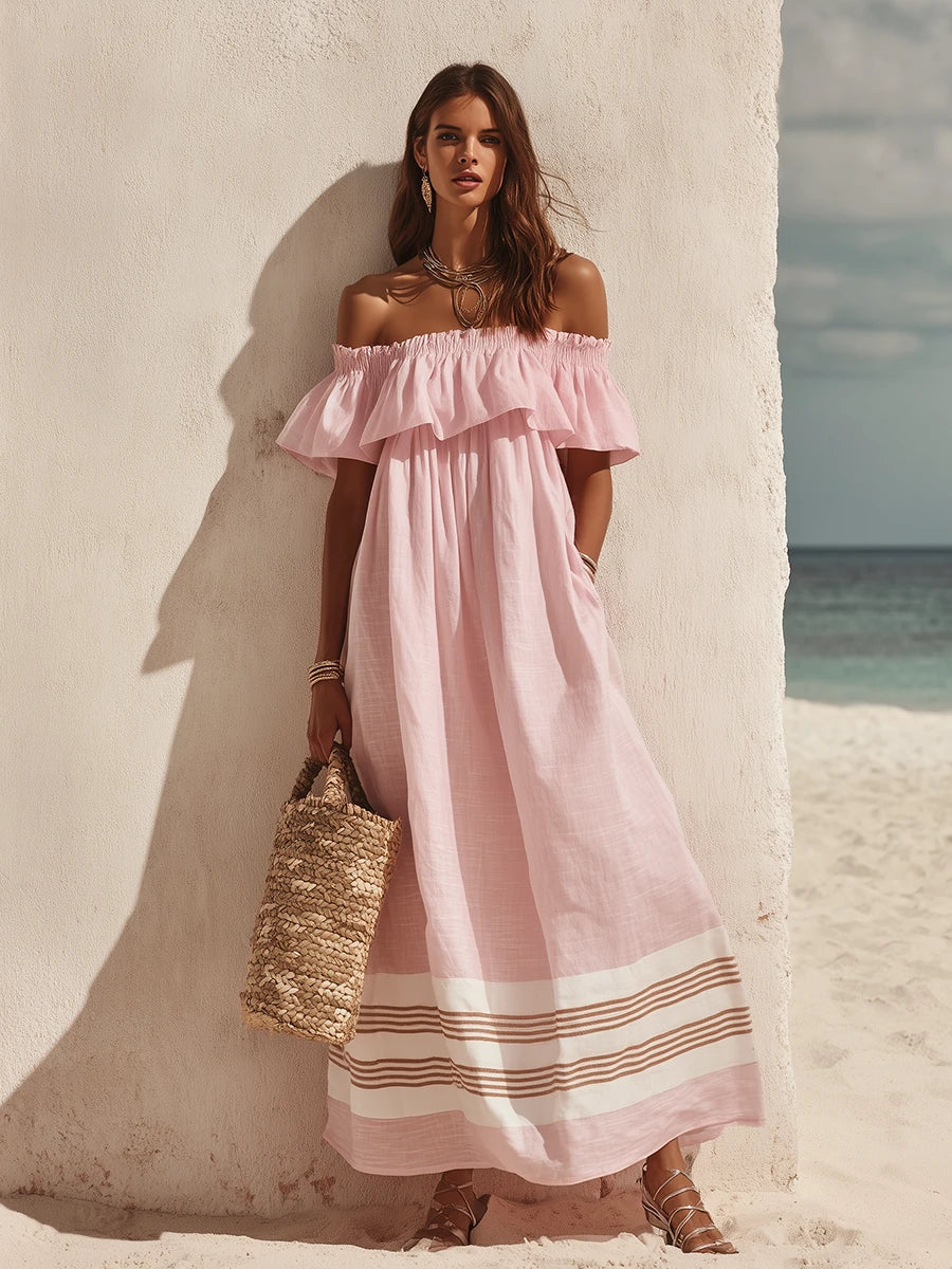 Off-Shoulder Ruffled Striped Maxi