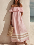 Off-Shoulder Ruffled Striped Maxi
