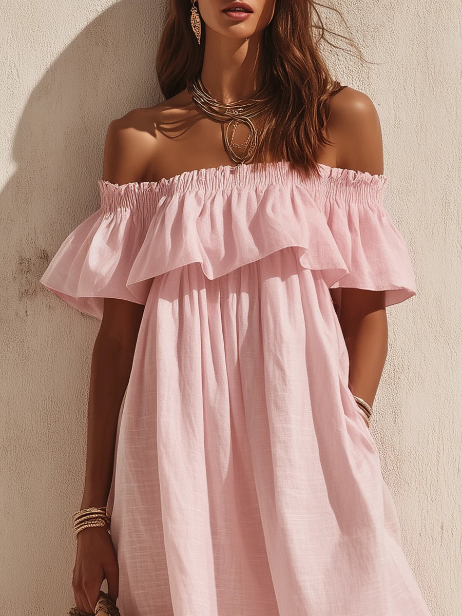 Off-Shoulder Ruffled Striped Maxi