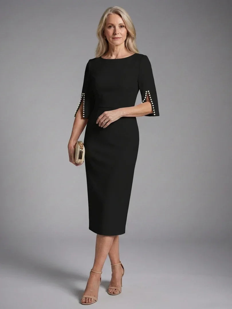 Split-Sleeve Fitted Midi Dress