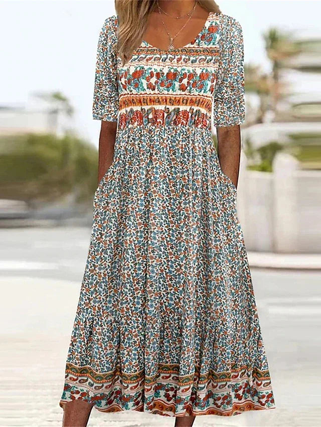 Boho Print Square Neck Tiered Midi Dress