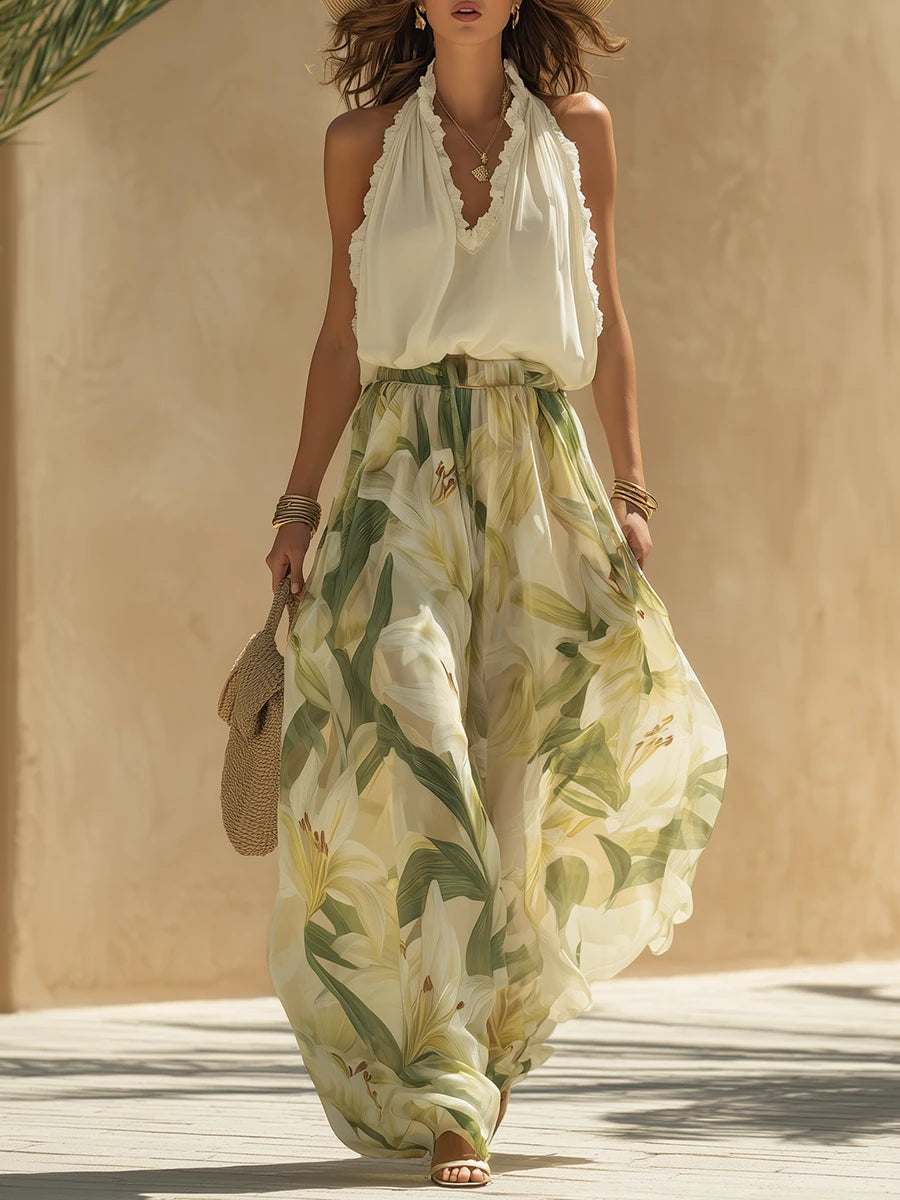 Ruffled Sleeveless Top and Floral Pants Set