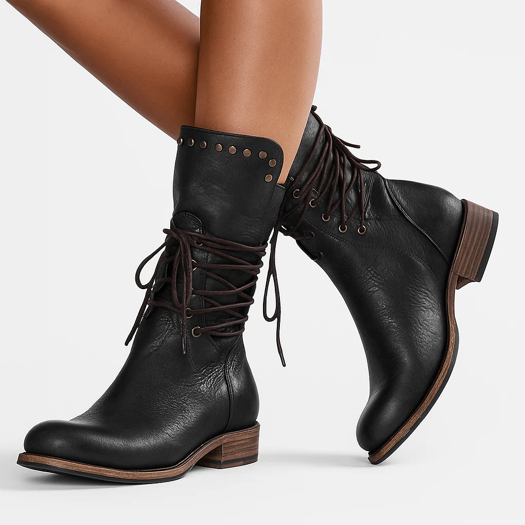 Studded Lace-Up Mid-Calf Boots