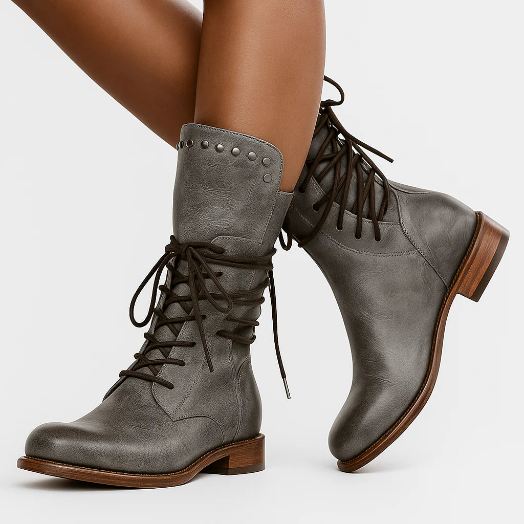 Studded Lace-Up Mid-Calf Boots