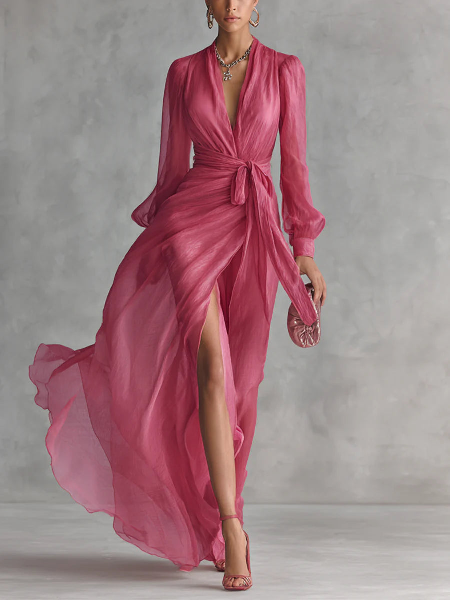 V-Neck Tie-Waist Maxi Dress