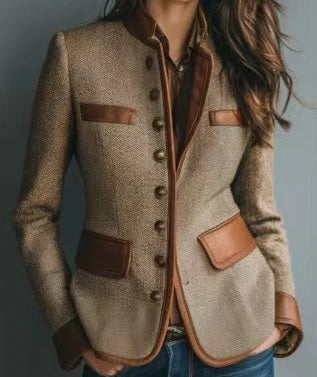 Faux-Leather Trim Tweed Jacket
