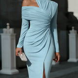 One Shoulder Draped Midi Dress