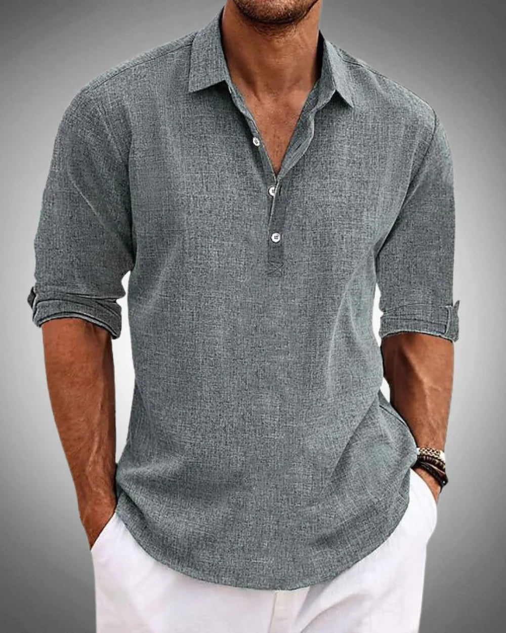 Quarter-Button Classic Collar Long Sleeve Shirt