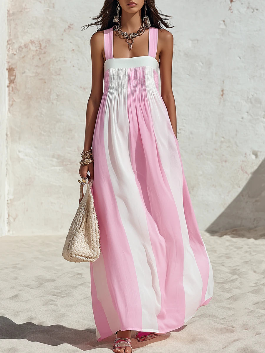 Square Neck Striped Chiffon Maxi