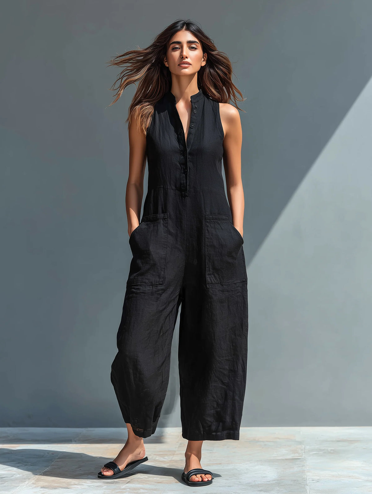 Stand-Collar Sleeveless Jumpsuit