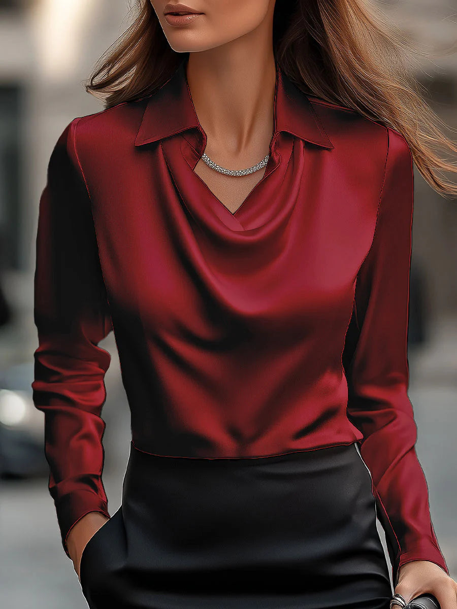 Long Sleeve Satin Blouse with Cowl Neck