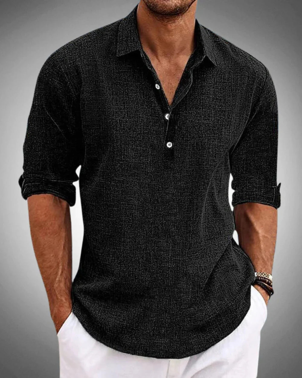 Quarter-Button Classic Collar Long Sleeve Shirt