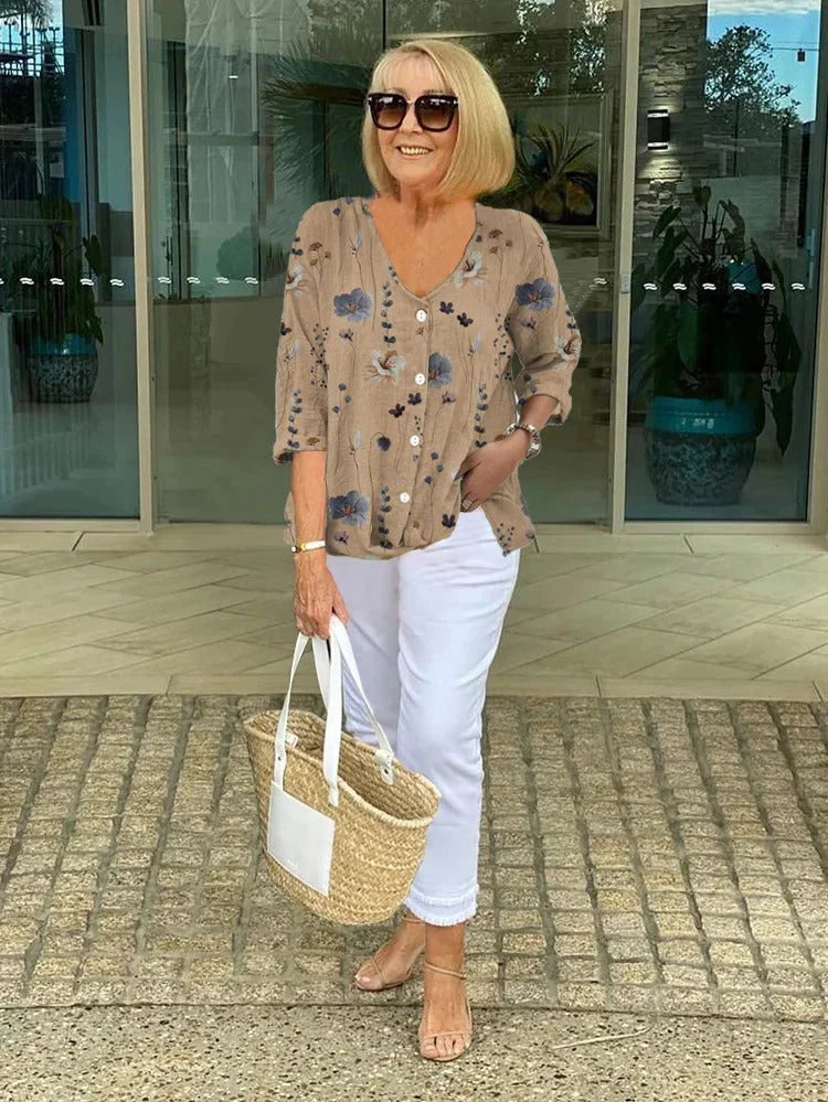 Floral V-Neck Button-Front Blouse