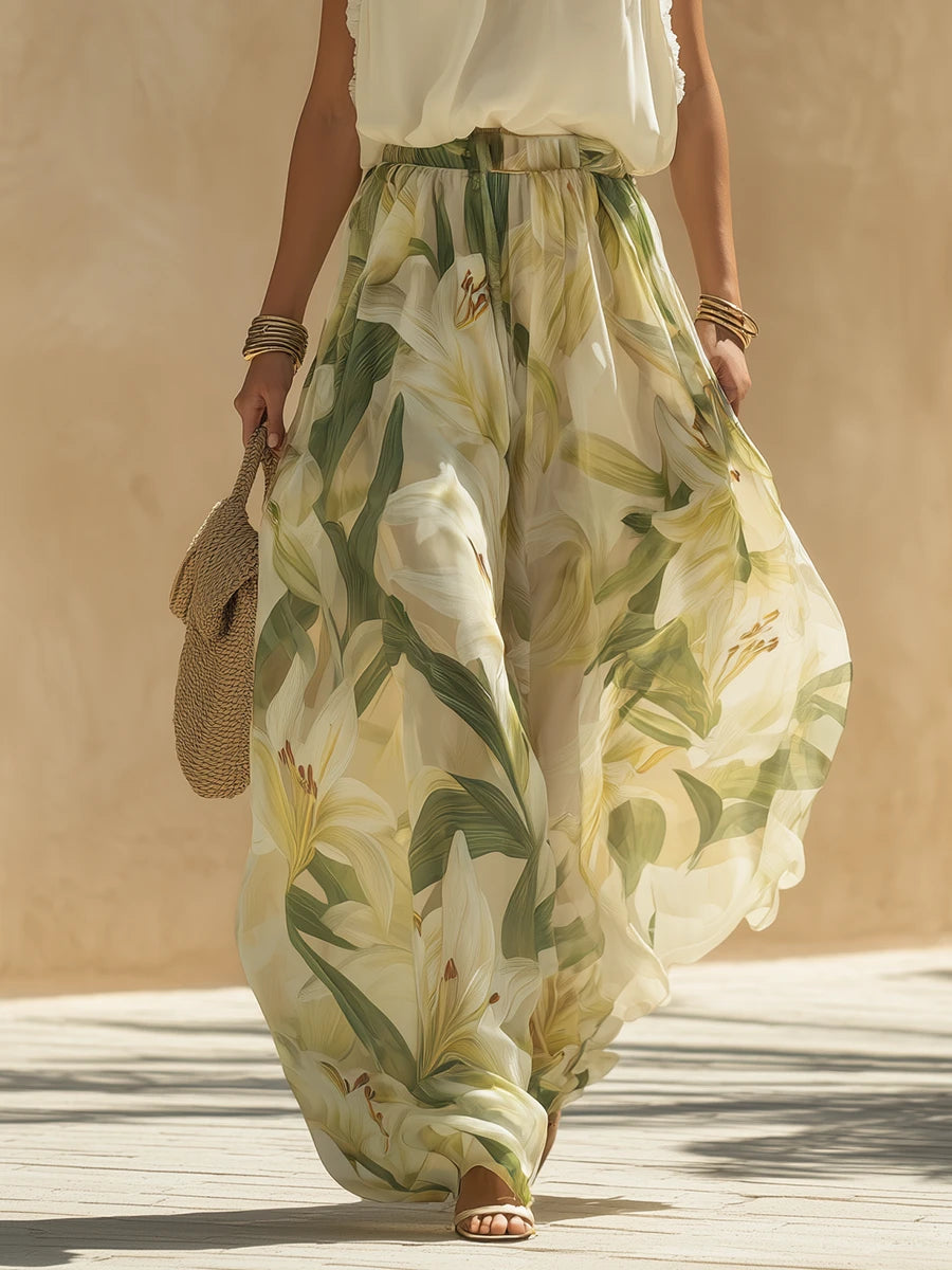 Ruffled Top And Lily Print Pants Set