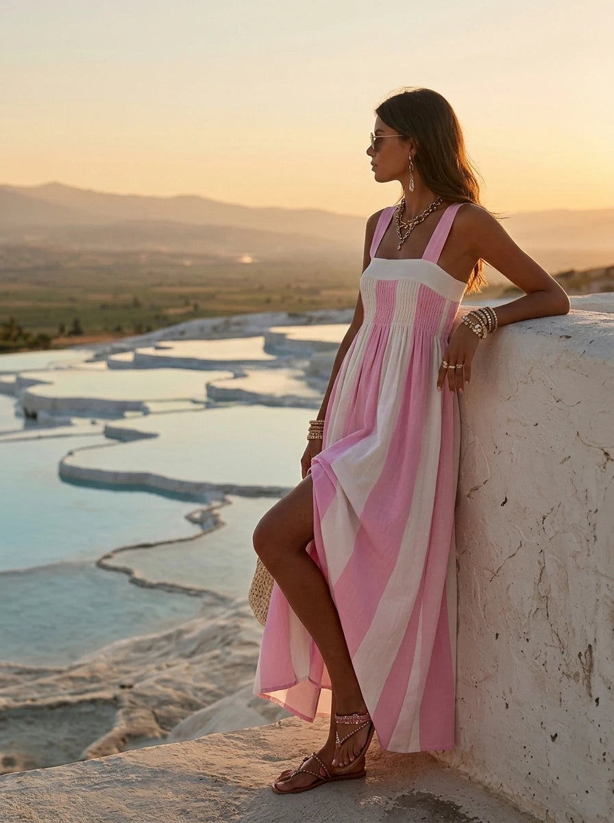Square Neck Striped Chiffon Maxi