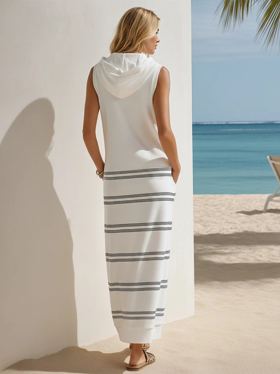 White Hooded Striped Maxi Dress
