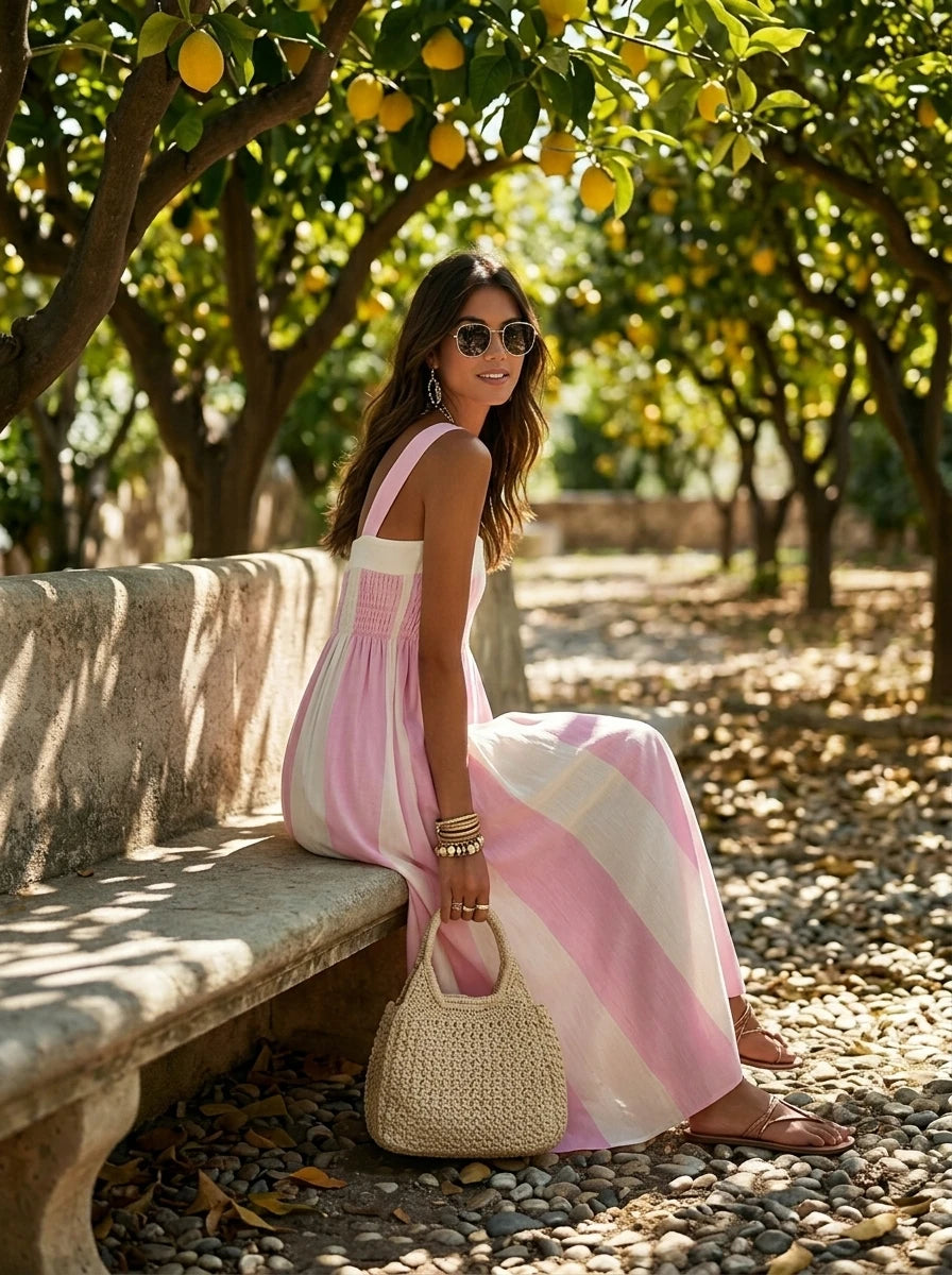 Square Neck Striped Chiffon Maxi