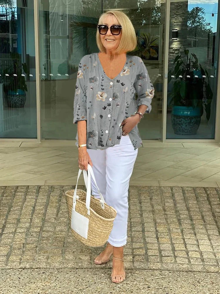 Floral V-Neck Button-Front Blouse