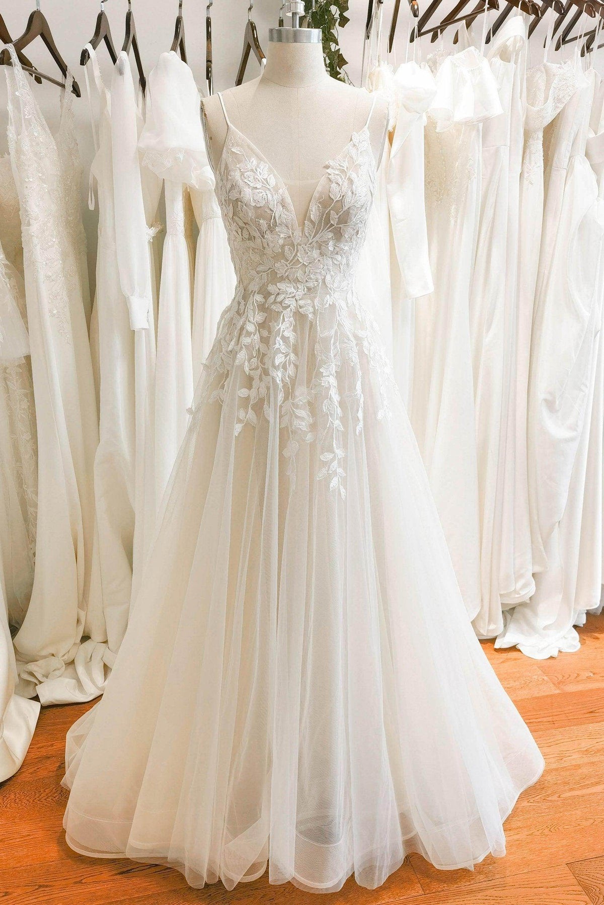 A-Line Floor Length Floral Overlay Wedding Dress