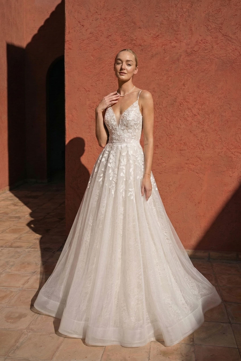 A-Line Floor Length Floral Overlay Wedding Dress