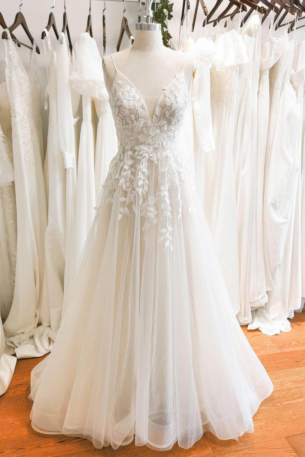 A-Line Floor Length Floral Overlay Wedding Dress