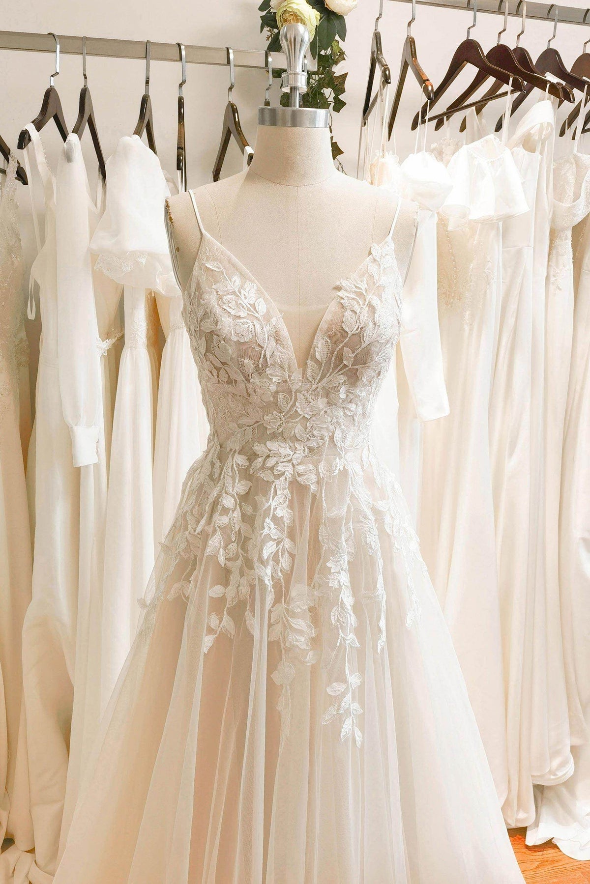 A-Line Floor Length Floral Overlay Wedding Dress