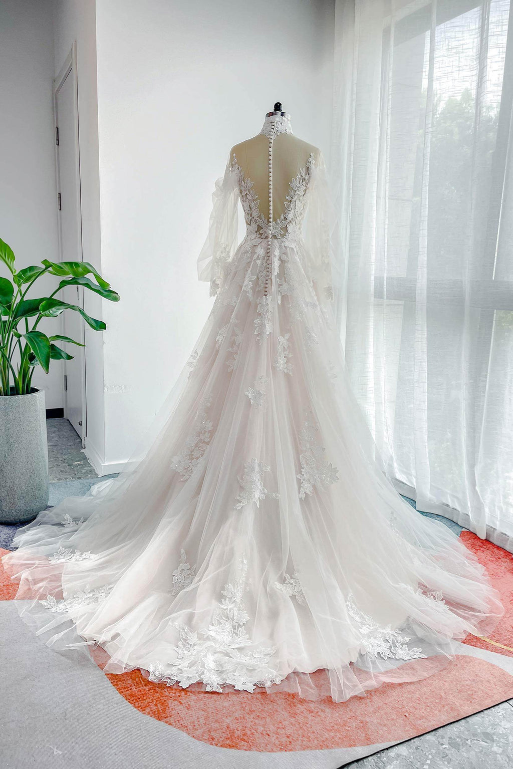 A-Line Court Train Floral Overlay Wedding Dress
