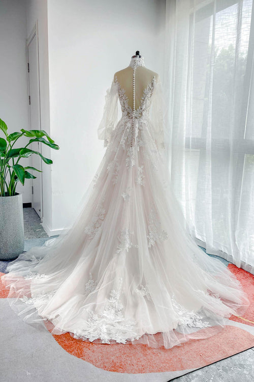 A-Line Court Train Floral Overlay Wedding Dress