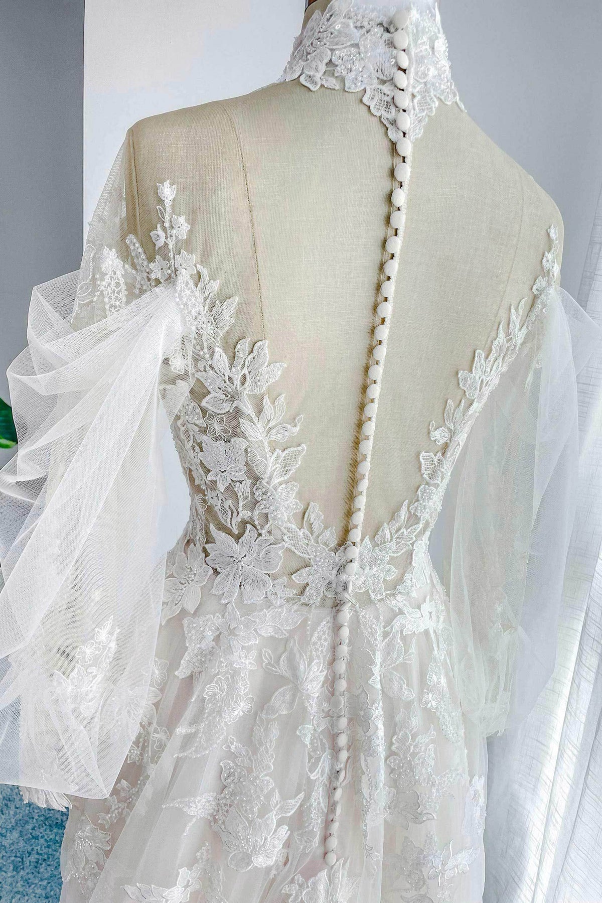 A-Line Court Train Floral Overlay Wedding Dress