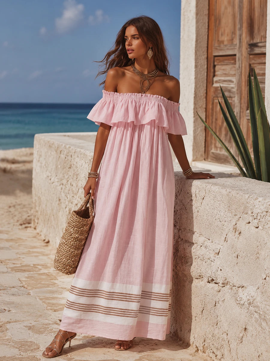 Off-Shoulder Ruffled Striped Maxi