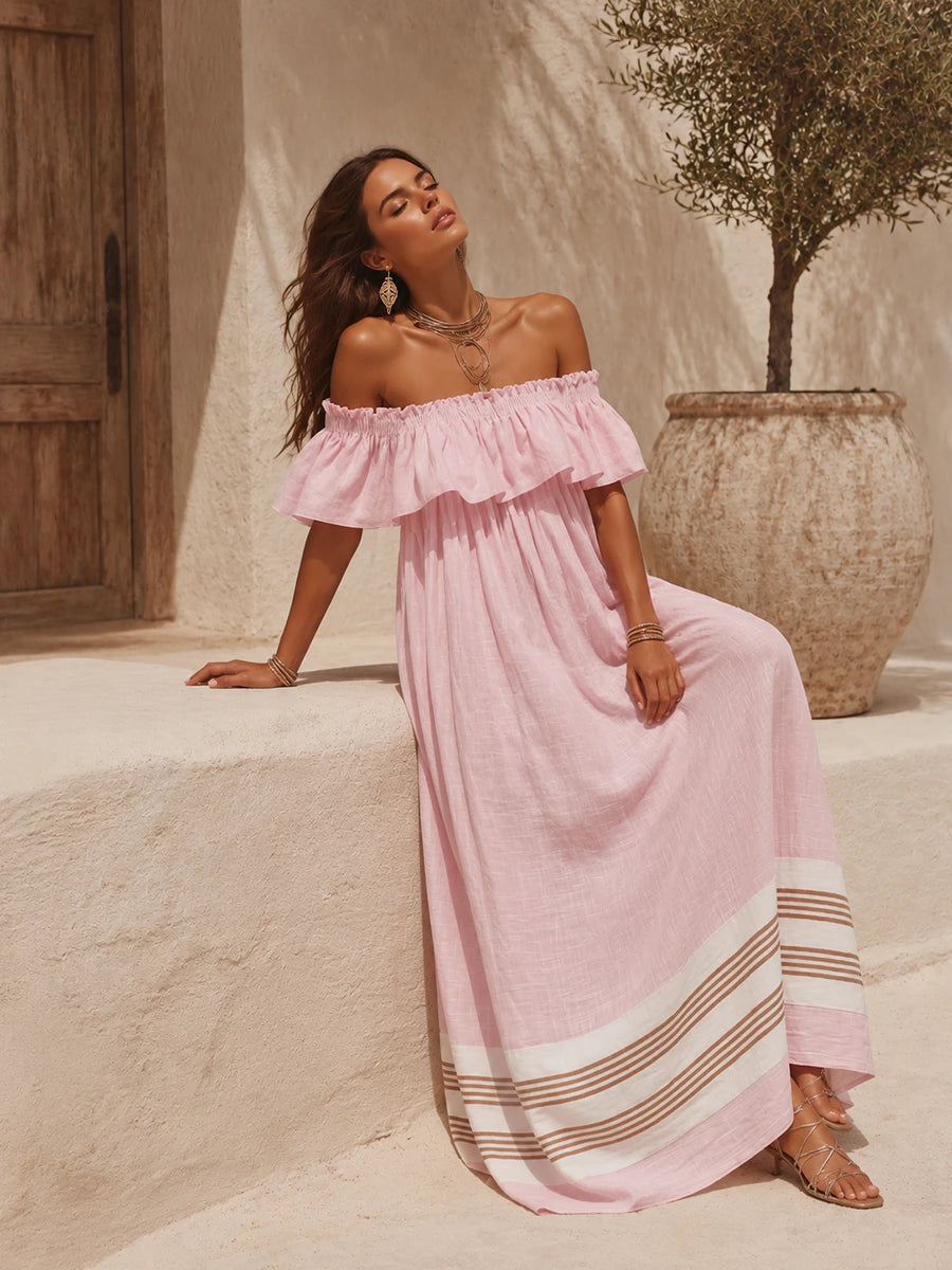 Off-Shoulder Ruffled Striped Maxi