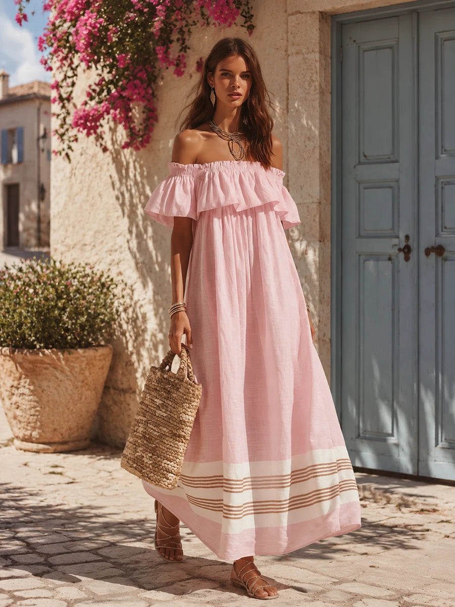 Off-Shoulder Ruffled Striped Maxi