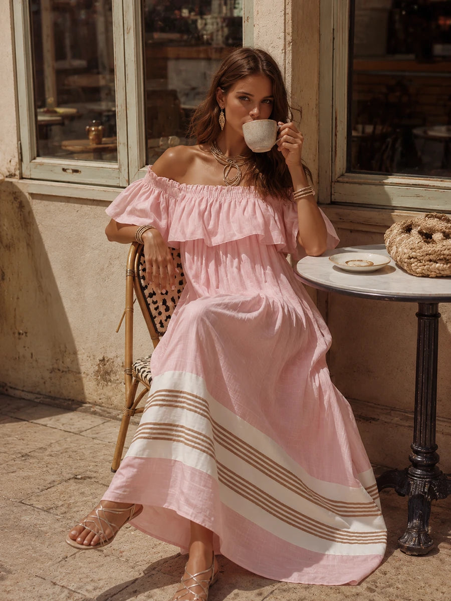 Off-Shoulder Ruffled Striped Maxi