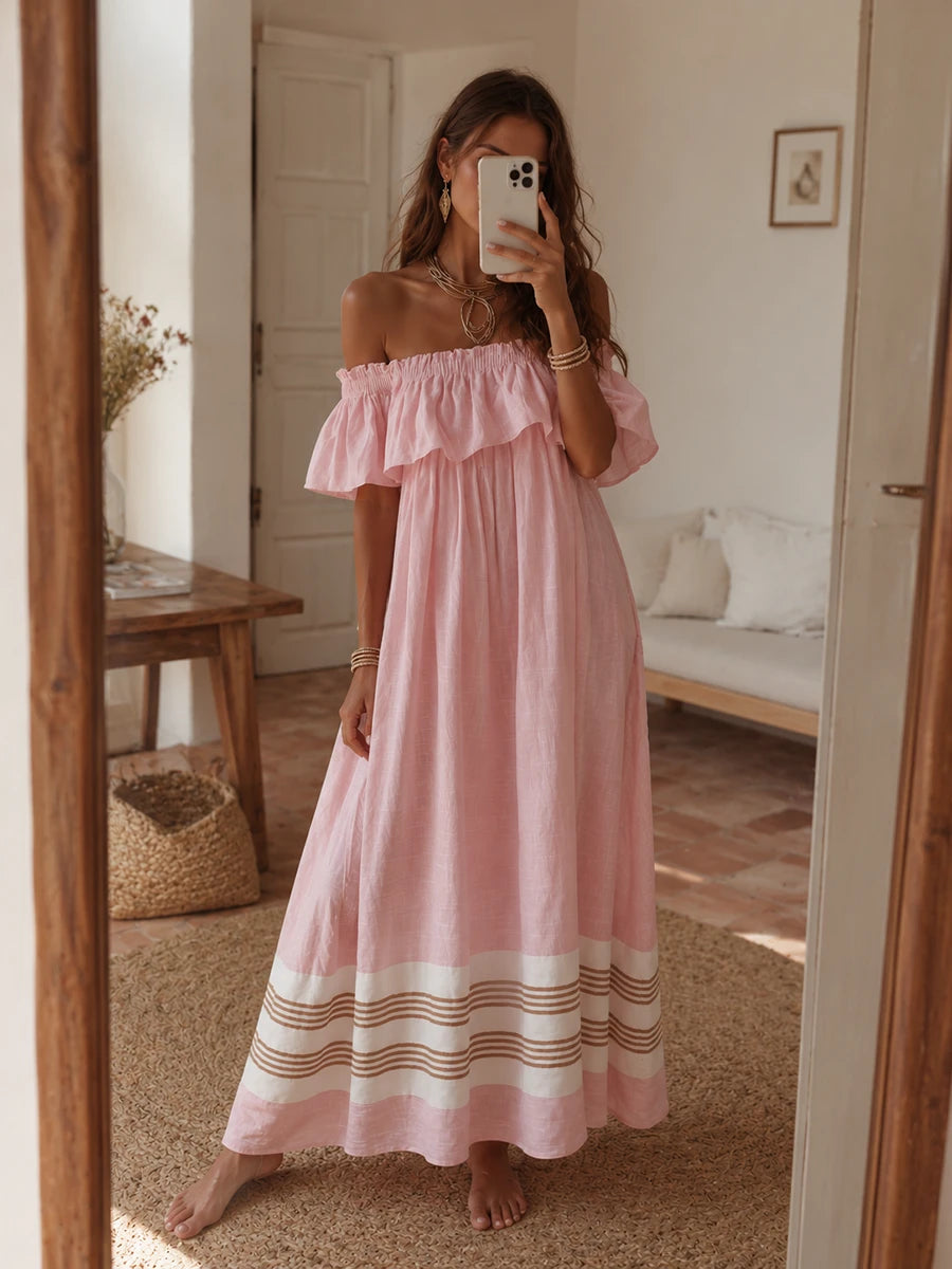 Off-Shoulder Ruffled Striped Maxi