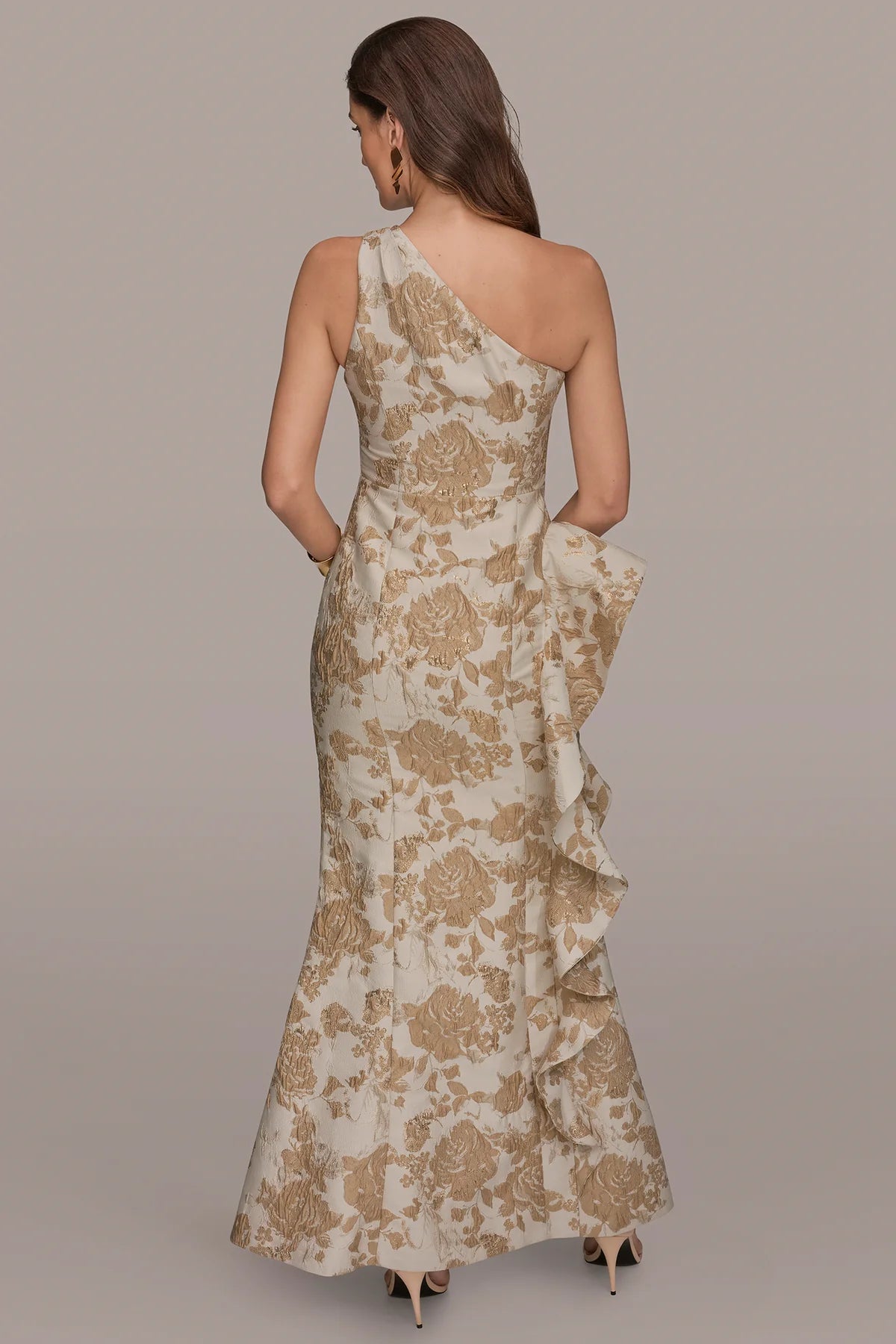 One Shoulder Floral Jacquard Gown