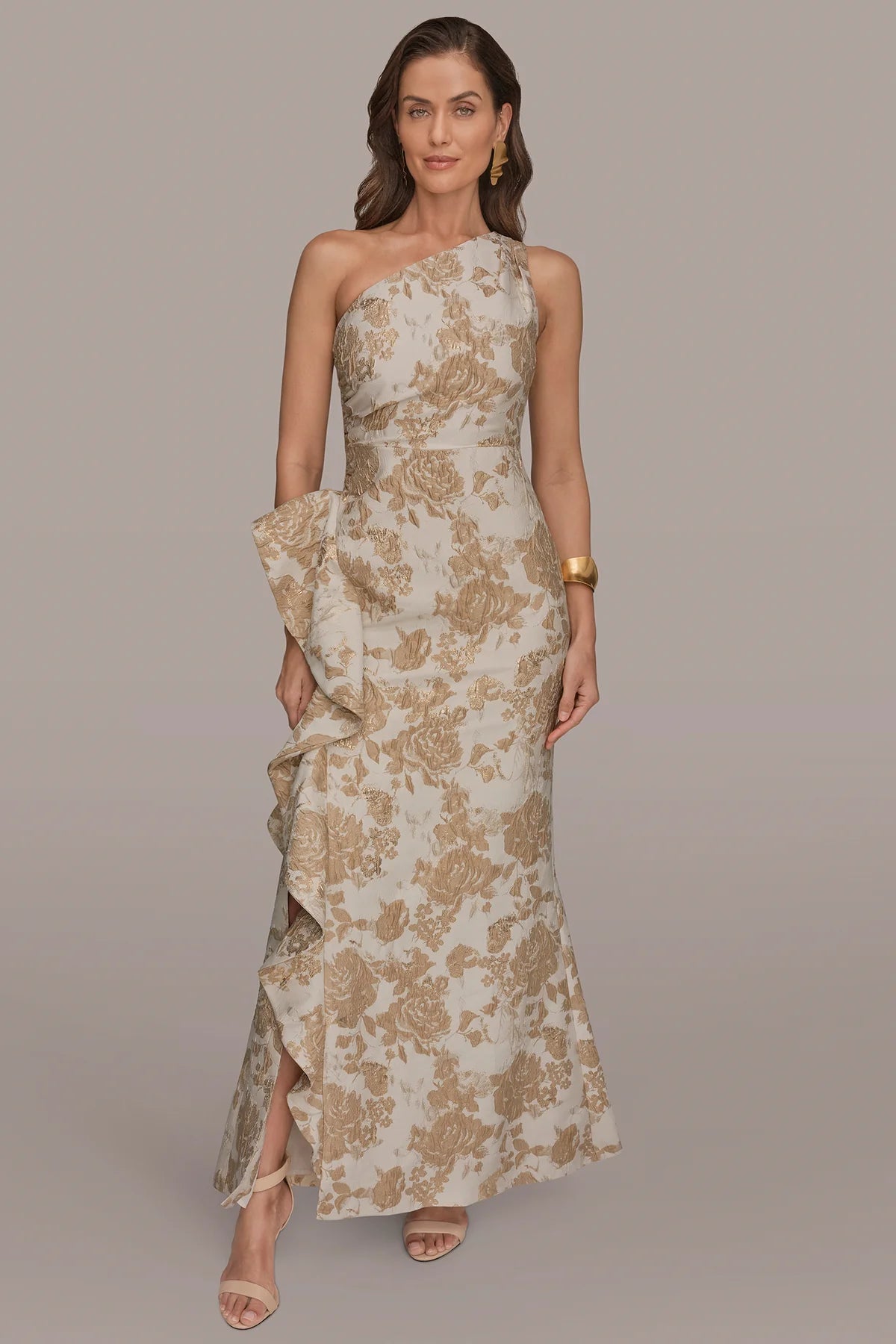 One Shoulder Floral Jacquard Gown