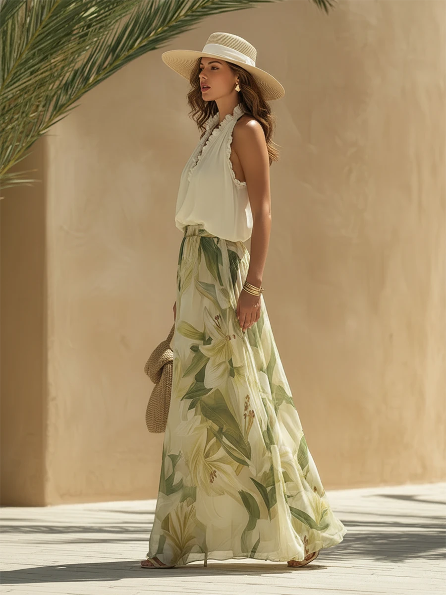 Ruffled Sleeveless Top and Floral Pants Set