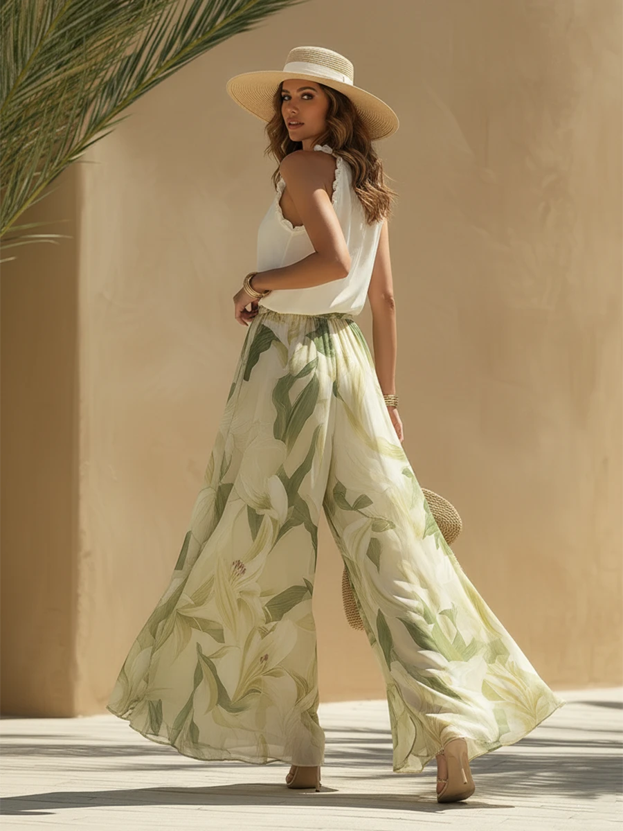 Ruffled Top And Lily Print Pants Set