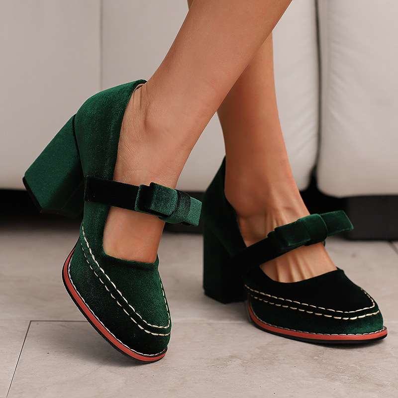 Velvet Bow Block Heel Loafers