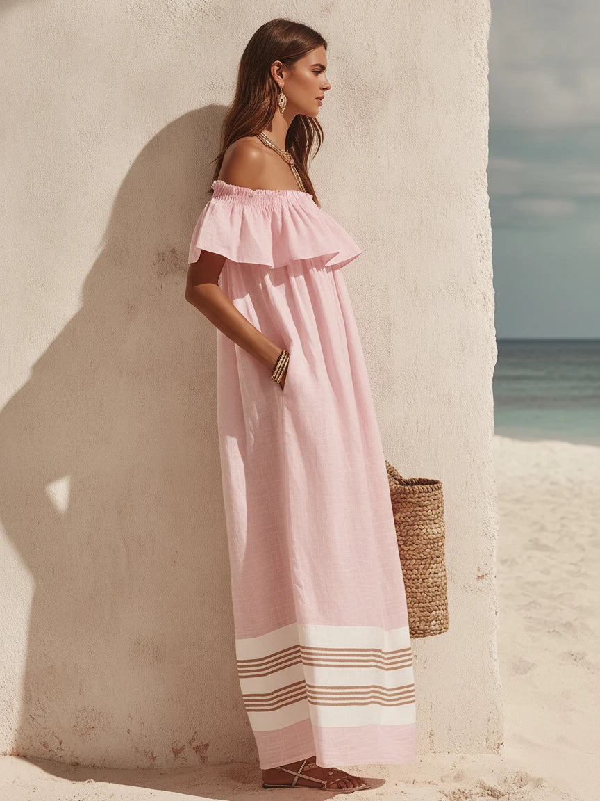 Off-Shoulder Ruffled Striped Maxi